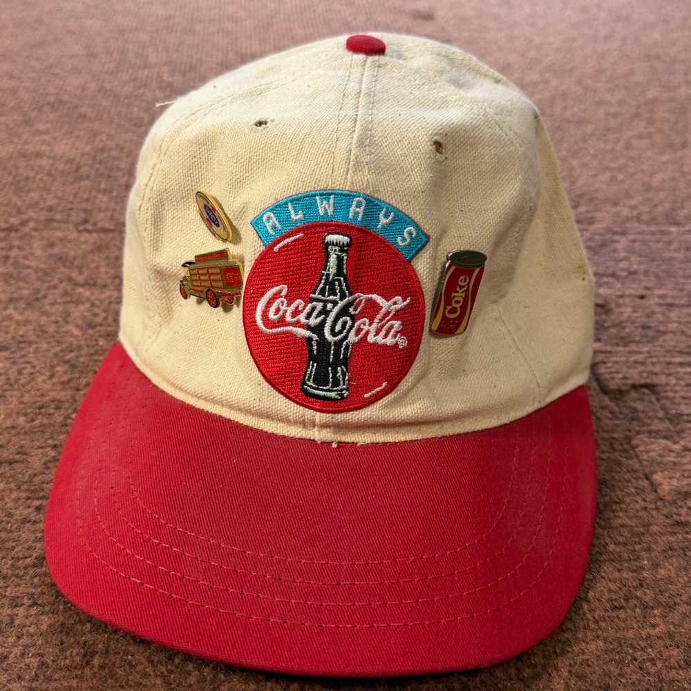 Vintage Coca-Cola‎ Snapback Hat Cream Red Always Coke Patch Pins Mens Cap